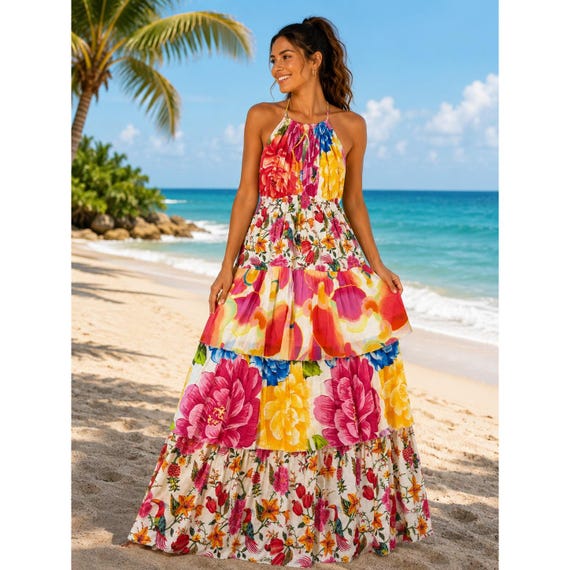 farm rio floral halter maxi dress Women Tropical Toucan Tiered Multicolor Small Plunging Sweetheart
