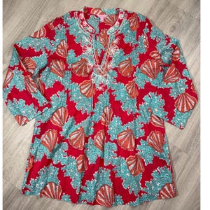 Lilly Pulitzer Sea Shell Coral Print Embroidered Tunic Top Red XL Coastal image 2
