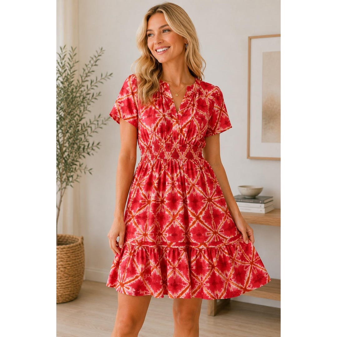 By Anthropologie Red Orange Tie Dye Smocked Tiered Mini Dress Womens Medium