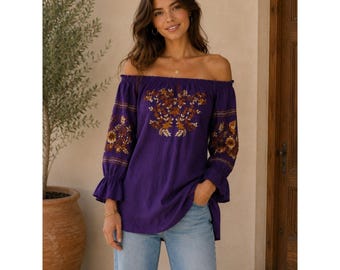Free People Lila bestickte schulterfreie Bauernbluse im Boho-Stil mit Blumenmuster, Größe L