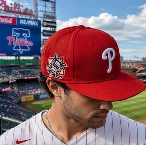 May include: A red baseball cap with a white "P" logo on the front and a patch on the side. The patch features a baseball and the text "National". The cap is worn at a baseball stadium.