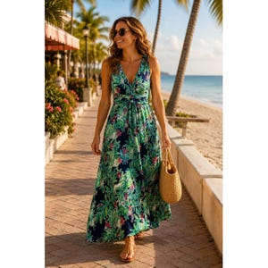 Lilly Pulitzer Womens Navy Green Floral Shell Print V-Neck Maxi Dress Size M