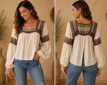 The Clothing Company Boho Embroidered Peasant Blouse Cream HT1944 Large
