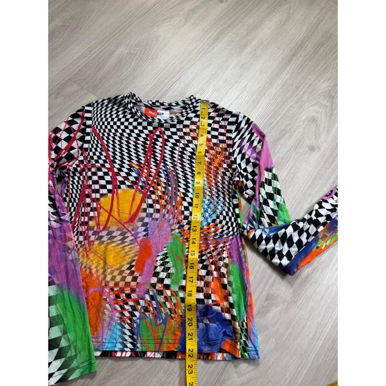 BruceGlen Checkered Graffiti Print Long Sleeve Top Multicolor Large L Tencel image 6