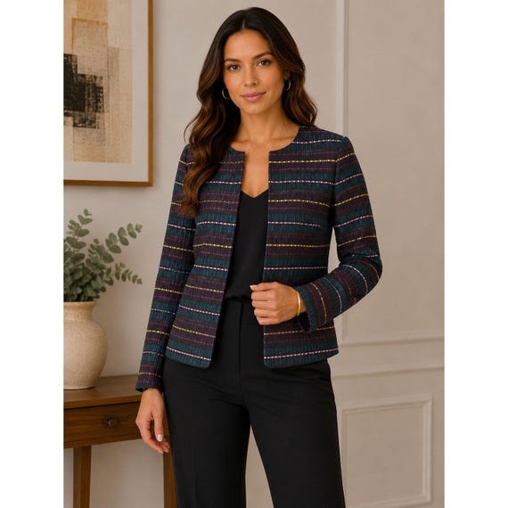 Ann Taylor, Ann Taylor Factory Womens Medium Multi Color Striped Textured Open Front Jacket