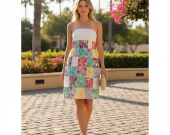 Lilly Pulitzer trägerloses Patchwork-Kleid mit Lochstickerei und Muschelsaum, Rosa, Grün, Weiß, Größe 6, Artikelnummer 76210