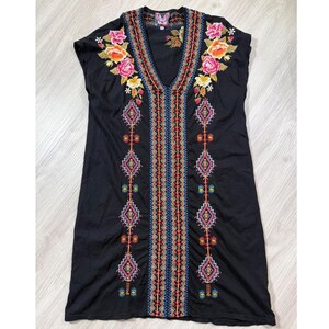 Johnny Was Los Angeles Black Embroidered Cotton V-Neck Boho Dress Womens M image 2