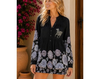 Desigual Black Floral Zebra Print Crinkle Tunic Blouse Henley Top RN 129068