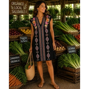 Johnny Was Los Angeles Black Embroidered Cotton V-Neck Boho Dress Womens M image 1