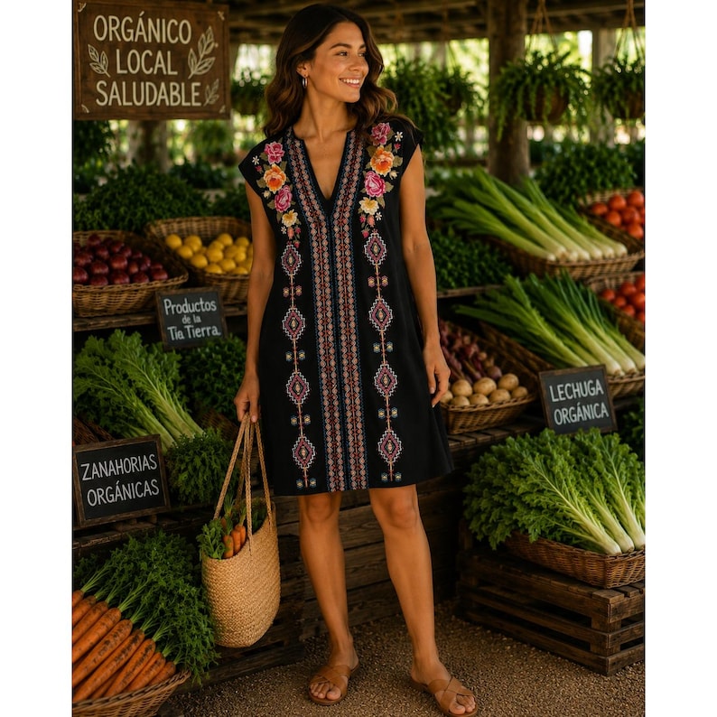 Johnny Was Los Angeles Black Embroidered Cotton V-Neck Boho Dress Womens M image 1