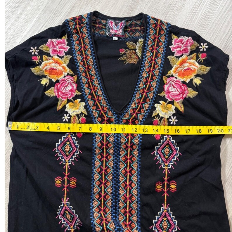 Johnny Was Los Angeles Black Embroidered Cotton V-Neck Boho Dress Womens M image 7