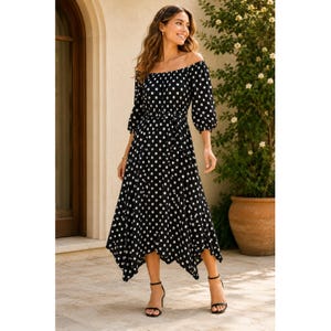Maeve Anthropologie Polka Dot Handkerchief Hem Belted Midi Dress Black White 2 image 1