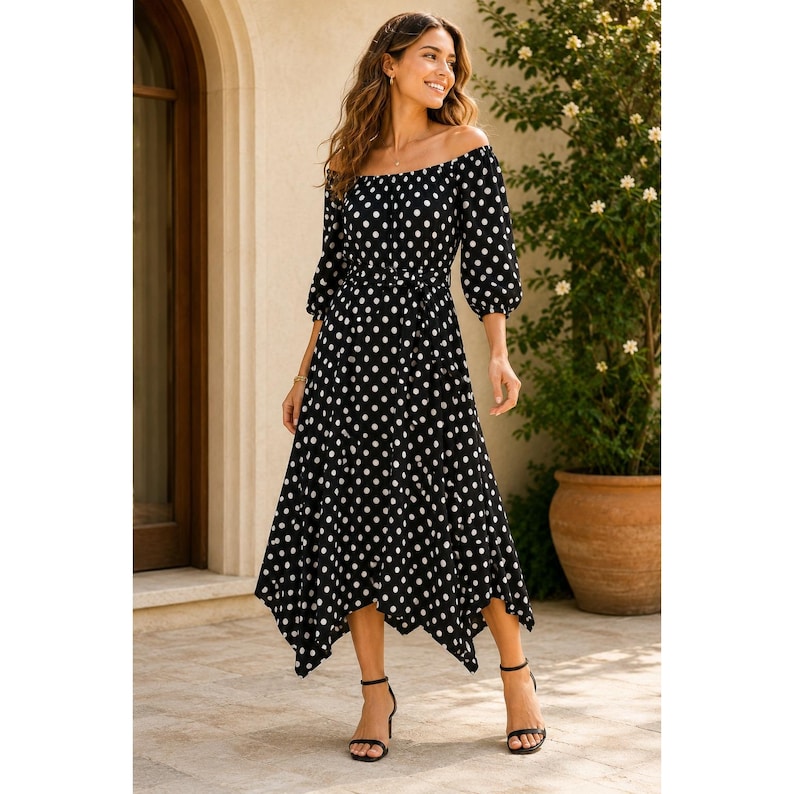 Maeve Anthropologie Polka Dot Handkerchief Hem Belted Midi Dress Black White 2 image 1