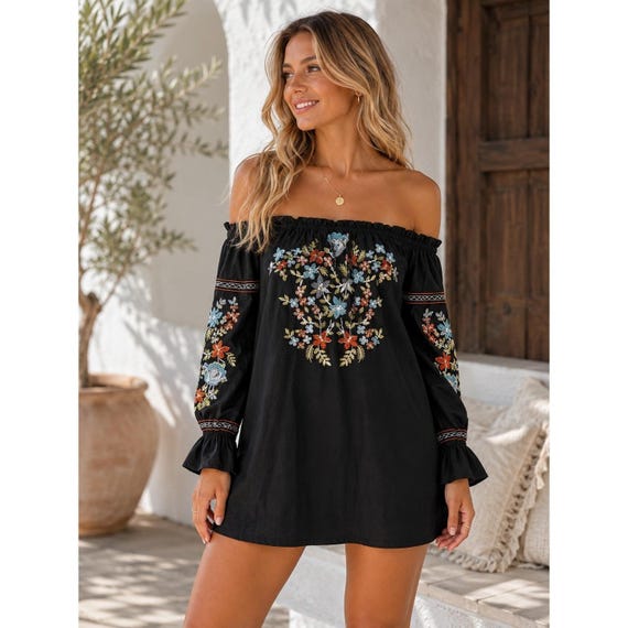 free people black floral mini dress Embroidered off Shoulder Boho XS Size:12-13Y (34)