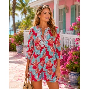 Lilly Pulitzer Sea Shell Coral Print Embroidered Tunic Top Red XL Coastal image 1