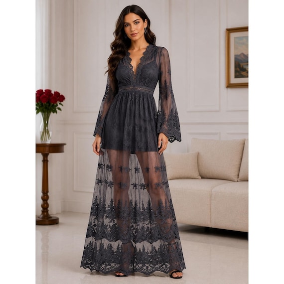 mustard seed grey dress Charcoal Lace Sheer Maxi Bell Sleeve Romper Lining M Womens dresses