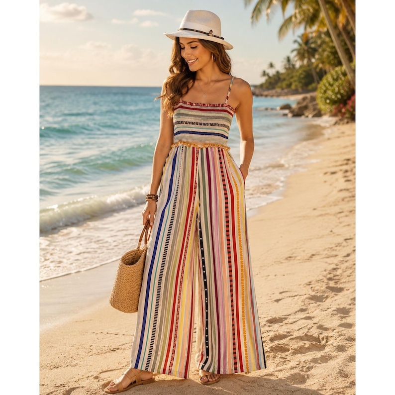 Farm Rio Anthropologie Striped Smocked Wide Leg Jumpsuit Multi S Petite 276924 image 1