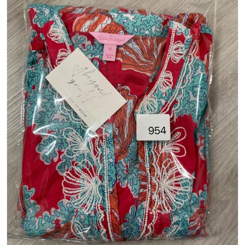 Lilly Pulitzer Sea Shell Coral Print Embroidered Tunic Top Red XL Coastal image 10
