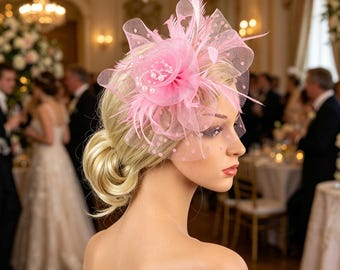 Pink Floral Kentucky Derby Hat, Women's Fascinator Tea Party Hat, Feather-Decorated Headband, Suitable For Horse Racing Events, Weddings
