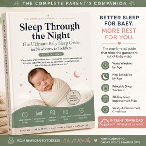 Può includere: Un libro intitolato "Sleep Through the Night" con un bambino che dorme sulla copertina. La guida è per neonati e bambini piccoli, offrendo un piano del sonno di 30 giorni e tracker stampabili. Il testo "The Ultimate Baby Sleep Guide" è presente.