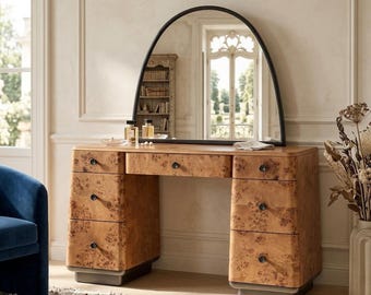 Burl Wood Vanity (52") - Mappa Burl Makeup Table with Arched Mirror - Luxury Mid-Century Modern Dressing Table - Nutmeg & Black Finish