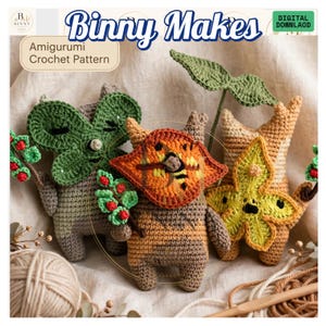 May include: Three amigurumi crochet creatures with textured yarn bodies. One is grey with a green leaf mask, one is tan with an orange patterned face, and one is light brown with a yellow star-shaped mask. Text reads Binny Makes and Digital Downlaod.