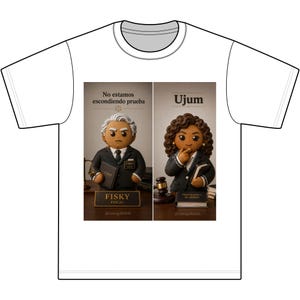 May include: White t-shirt featuring a graphic of two cartoon figures, a man and a woman, dressed in suits. The man has gray hair and the text "No estamos escondiendo prueba" above him. The woman has curly brown hair and the word "Ujum" above her.