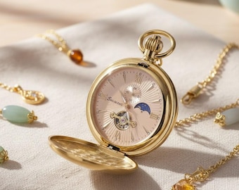 Vintage Moon Mechanical Pocket Watch, Steampunk Self Wind Pendant Watch, Gothic Antique Retro Gift
