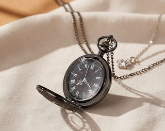 Vintage Black Steampunk Pocket Watch Roman Numeral Quartz Pendant Necklace, Hollow Gothic Antique Chain Watch Gift