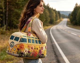 Personalized Hippie Style Bus Travel Bag, Retro Floral Gym Yoga Bag, Adjustable Strap Custom Quilted Boho Handbag Sz 16 × 8 × 8 in