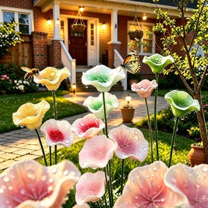 May include: A garden scene with decorative flower stakes in pink, yellow, and green. The stakes have a glass-like appearance and are covered in water droplets. A butterfly and a bee are also present in the image.