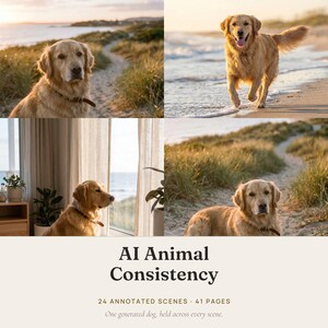 May include: A golden retriever dog shown in various settings including a beach and an indoor room. The text reads AI Animal Consistency, 24 annotated scenes, 41 pages, and One generated dog, held across every scene. The dog has golden fur.