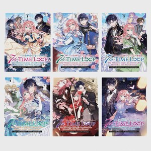 Pode incluir: Seis livros de mangá com ilustrações coloridas. Cada capa apresenta um casal em poses românticas, com títulos como "7th Time Loop" e "The Villainess Enjoys a Carefree Life Married to Her Worst Enemy!"
