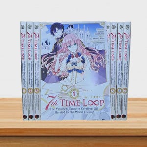 May include: A set of seven manga books titled "7th Time Loop: The Villainess Enjoys a Carefree Life Married to Her Worst Enemy!" The covers showcase anime-style illustrations of characters in a fantasy setting. The books are arranged on a wooden surface.