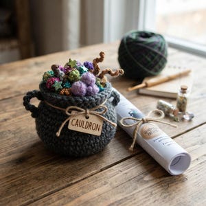 Handmade Crochet Witch Cauldron Bowl Decor, Spooky Halloween Potion Pot Desk Accessory, Magical Bubbling Brew Tablepiece, Whimsical Gothic