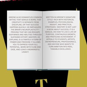 K&ouml;nnte beinhalten: Ein offenes Buch mit Text auf wei&szlig;en Seiten. Der Text befasst sich mit der Entlarvung von Mythen &uuml;ber Genie und Kreativit&auml;t und betont Neuroplastizit&auml;t und nachhaltige Anstrengung. Der Text des Buches erw&auml;hnt auch ein Handbuch, wie man ein Leben voller Sinn und Leistung f&uuml;hrt.