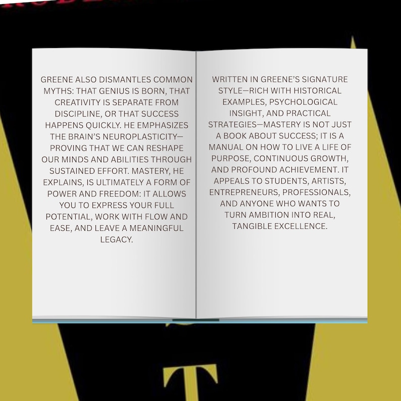 K&ouml;nnte beinhalten: Ein offenes Buch mit Text auf wei&szlig;en Seiten. Der Text befasst sich mit der Entlarvung von Mythen &uuml;ber Genie und Kreativit&auml;t und betont Neuroplastizit&auml;t und nachhaltige Anstrengung. Der Text des Buches erw&auml;hnt auch ein Handbuch, wie man ein Leben voller Sinn und Leistung f&uuml;hrt.