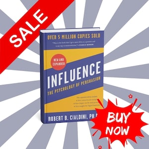以下が含まれることがあります： ロバート・B・チャルディーニ博士著のハードカバー本『Influence: The Psychology of Persuasion』。表紙は青と黄色を基調としたデザインで、白い文字で「Over 5 Million Copies Sold」や「New and Expanded」版の詳細が記載されています。
