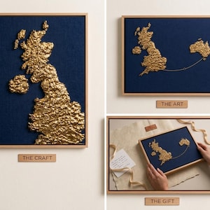 May include: Three framed wall art pieces. Each features a gold-coloured textured map of the United Kingdom on a navy blue background. The frames are made of light-coloured wood. One piece includes a gold line to Australia. Text on the bottom reads "THE CRAFT", "THE ART", and "THE GIFT".
