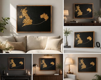 Two Homes One Heart  UK and Australia Sculpted Canvas 3D Textured Britain & Australia Map  Contemporary Minimalist Artwork, Connected Across