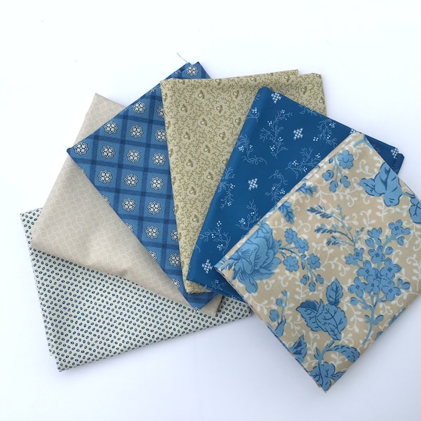 Fat Quarter bundle of 6 - Blue and Cream