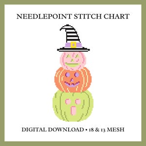 May include: A needlepoint stitch chart digital download for 18 & 13 mesh featuring a pixel art stack of three jack-o'-lanterns. The top pumpkin is light pink with a black and white striped witch hat, the middle is orange, and the bottom is light green.
