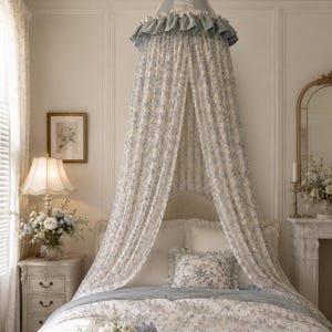 Handmade Floral Bed Canopy, French Cottage Bedroom Decor, Romantic Canopy Curtain, Blue Floral Canopy for Adults & Kids Room