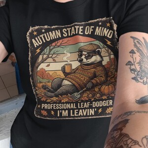 Autumn State of Mind badger with coffee tee | Fall leaves vintage graphic