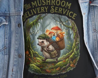 Mushroom Delivery Service T-Shirt | Badger Carrying Mushrooms Woodland Art