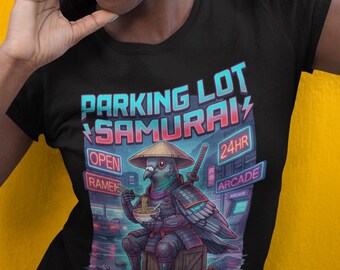 Parking Lot Samurai Tee | Neon Cyberpunk Ronin, Arcade Night Scene