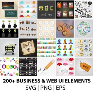 May include: A selection of business and web UI elements, including icons, graphics, and illustrations. The image features a business card, gift boxes, charts, light bulbs, coffee cups, sale tags, and a shopping cart. Text includes "call me" and "SALE".
