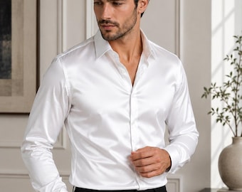 Luxury White Silk Shirt for Men, Elegant Formal Button Down Shirt, Long Sleeve Wedding Shirt, Work wear Shirt, Dressy Silk Shirt, Christmas