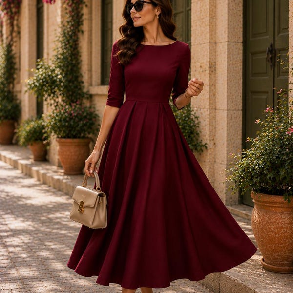 Vinröd midiklänning för kvinnor | Elegant A-linjeklänning | Vintageinspirerad festklänning | Klänning för bröllopsgäster | Anspråkslös formell klänning, delvis sliten