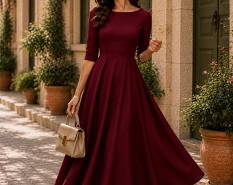 Vestido midi bordô feminino | Vestido elegante em linha A | Vestido de festa com inspiração vintage | Vestido para convidada de casamento | Vestido formal discreto para ocasiões especiais
